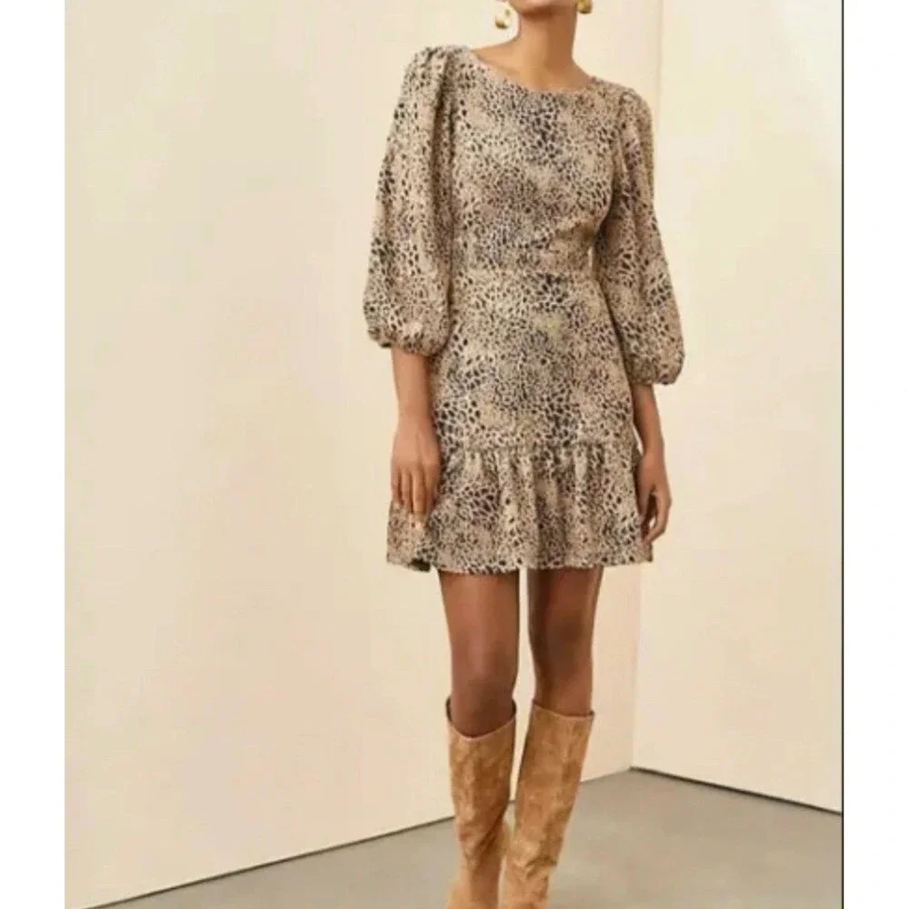 Maeve Anthropologie Leopard Print Puff Sleeve Cutout Back Dress Tan Black Sz 16